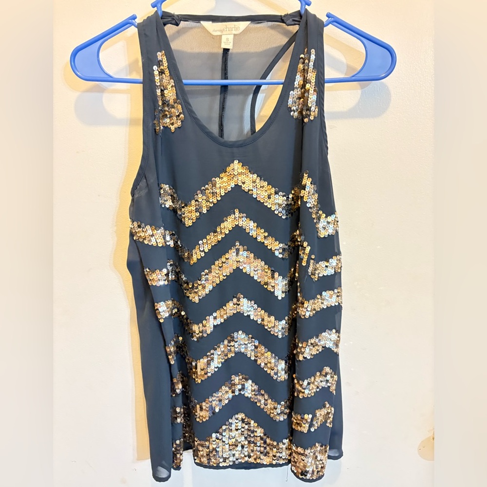 Y2K sheer tank charcoal grey gold sequin Charming Charlies size S#nightout#Y2K